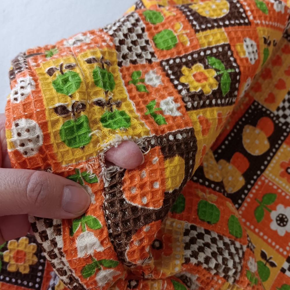 VTG Waffle Weave Laundry Bag Mushroom Apple Floral Drawstring Orange Retro 70s - Picture 9 of 9